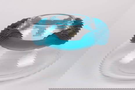 Lalique Crystal Cyrus Vase w/ Blue Waves.: The original Lalique sticker is still attached, though it has rubbed off a bit. There are several scratches, mostly at the bottom, and the sides of the bowl have a few nicks. There is also some dust i