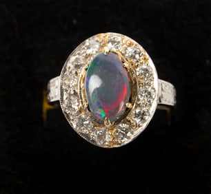 14K White Gold, Diamond & Black Opal Ring.