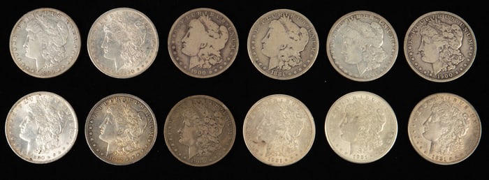 Lot of 12 Morgan Silver Dollars, Common Dates.