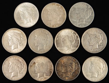 Lot of 11 Silver Peace Dollars, Common Dates.