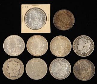 Lot of 10 Silver Dollars, Mostly Morgans, Common.