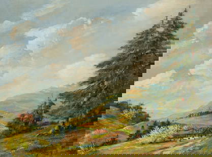 Mountainscape Painting by Max Herzog.: Artist(s): Max Herzog (American, 1889-1962). Medium: Oil on canvas board. Signature(s): "M. Herzog", lower right. Paperwork: N/A Damage: Craquelure throughout and darkened varnish. Measurement(s): 23