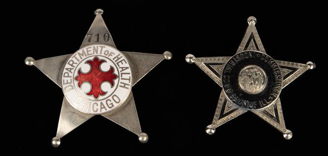 Chicago Dept. of Health Badge & Commissioner Badge: The lot contains 2 silver toned vintage badges. There is a Chicago Department of Health #710 badge with enameled details, and an Industrial Commission of Illinois Commissioner badge, which is marked M