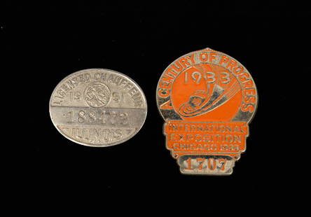 2 Old Chicago Badges - Chauffeur & 1933 Exposition: The first badge is a 1951 Illinois Licensed Chauffeur badge #188472. The next badge from the Chicago World's Fair is adorned in orange enamel, and is for the Chicago 1933 International Exposition Cent