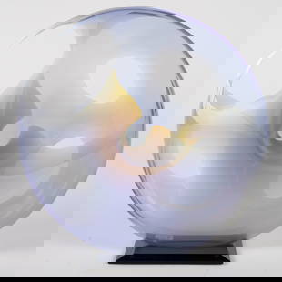 Abstract Art Glass Sculpture, Peter Vanderlaan.: The sculpture from 1995 is signed and numbered #1310 on the beveled base. The round sculpture features light blue and purple glass, with abstract cuts throughout. It measures 13 1/2" x 13" x 4". It is