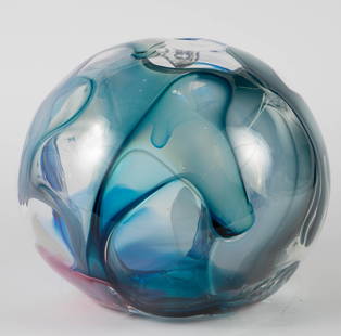 Peter Bramhall Spherical Art Glass Sculpture.: This abstract bubble-like sculpture has shades of blue, white, and purple. Overall, it looks to be in nice condition. It measures 14 5/8" across and 12 1/2" tall. Third-party freight shipping or