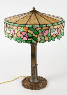 Chicago Mosaic Shade Lamp w/ Acorn Base.: This leaded glas lamp features a mixed metal post and base with acorn and oak leaf designs, and a leaded glass lampshade with pink flowers and green and beige sections. The piece measures 26" x 19" x