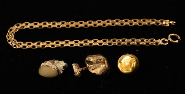 Lot of Scrap Gold - 14K Bracelet & Gold Crowns.: The lot contains 4 items: 3 gold dental crowns, and a 14K gold bracelet with a broken clasp. The bracelet weighs 2.6 Pennyweight, or 4 Grams. The gold crown without any tooth remnants weighs 3.7 Penny