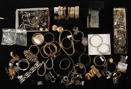 Lot of Vintage Jewelry - Givenchy, 925, Scrap.: The lot includes over 60 pieces of jewelry, a group of single earrings (mostly sterling), a group of tangled necklaces (some sterling), and a group of broken sterling silver chains. Some pieces are go
