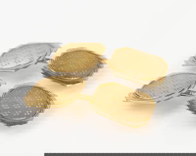 Pair of 14K Yellow Gold Cuff Links, Larter & Son.: The solid gold cuff links are marked 14, along with the Larter & Son maker's mark. The etched surfaces measure 14mm x 12mm. The pair weighs 3.3 Pennyweight, or 5.2 Grams. There are some scratches and
