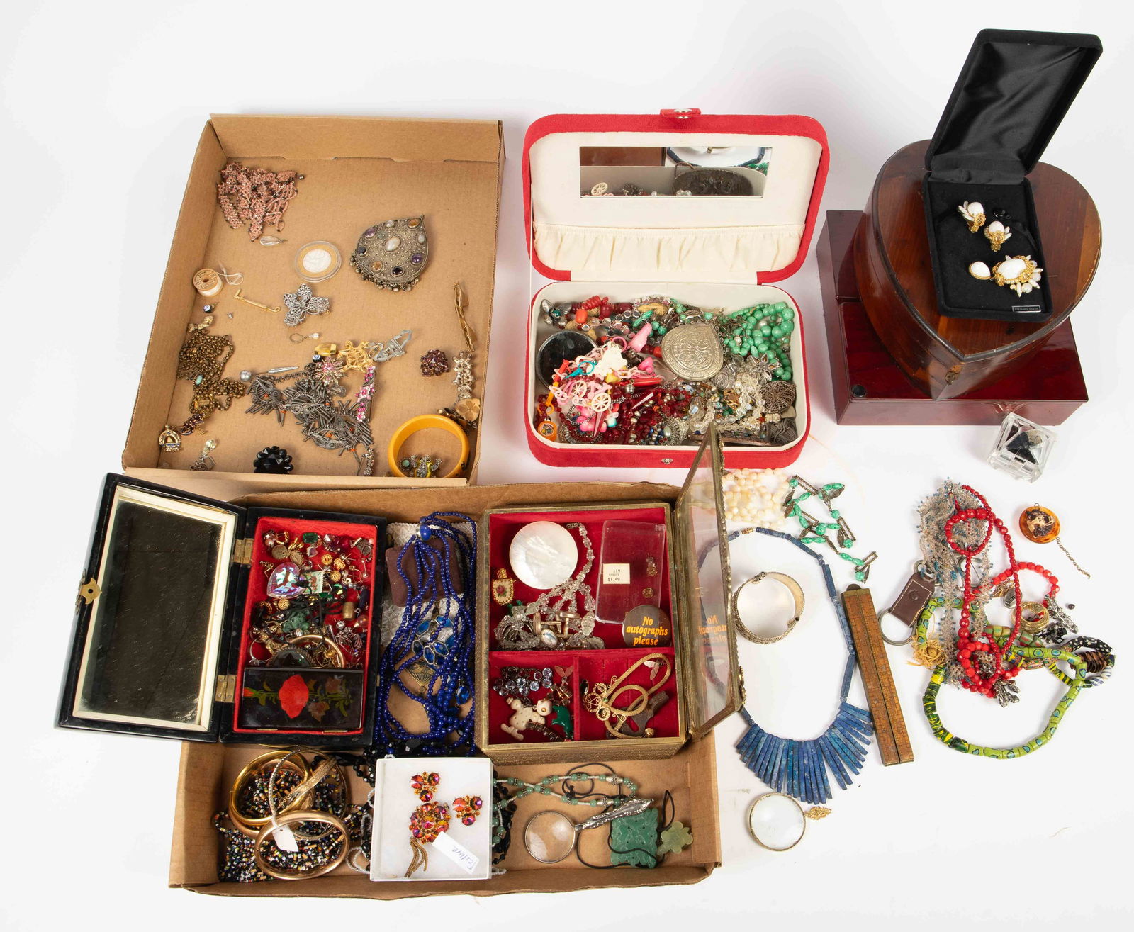 Lot of Vintage Costume Jewelry & Jewelry Boxes.: The lot includes necklaces, bracelets, earrings, brooches, jewelry boxes, magnifying glasses, cuff links, and more. Some of the items included are a brooch and earring set by Edlee, a Stanley No. 62 f