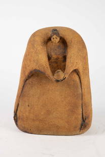 Mother & Child Stoneware Sculpture, Jean Juhlin.: This very heavy sculpture depicts a large mother figure holding a baby in her arms. It is signed Juhlin on the back bottom. It measures 14" x 11" x 10 1/2". The piece has a few scratches and stains.
