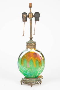 Steuben Lava Drip Acid Cutback Etched Lamp.: It is shape number 8492, made for the Crest Company of Chicago. The lamp has a gold aurene lava drip design over green jade glass with flower motif. The glass looks to be in nice condition; the bronze