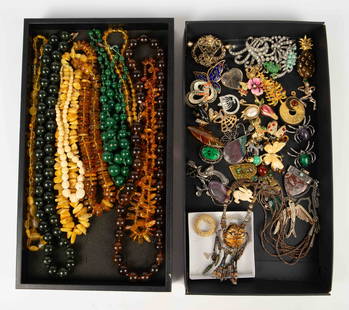 Lot of Vintage Brooches & Stone Necklaces - 925.: The lot includes 26 brooches, 11 pendants, and 11 necklaces. The brands or marks observed are Roman, Trifari, and Swarovski. There are several sterling silver pendants with gemstones, enameled items,