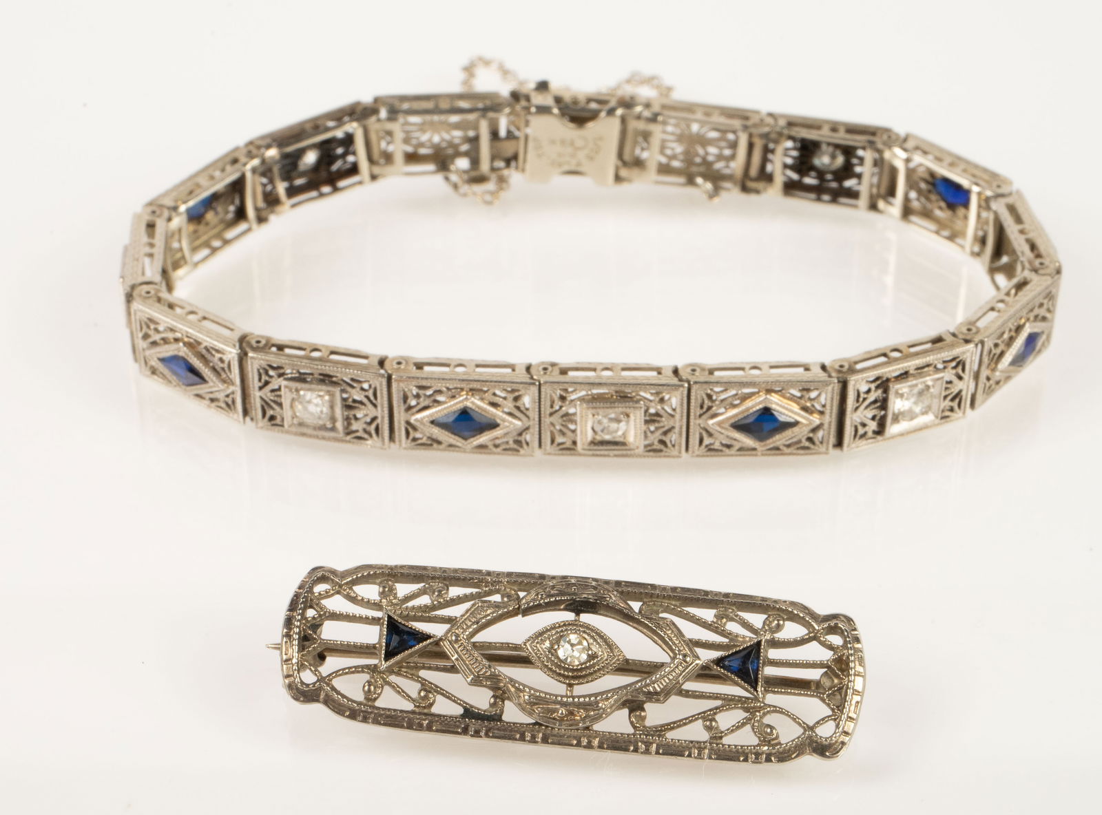 14K Gold Art Deco Bracelet & 10K Brooch - Diamond (1 of 7)