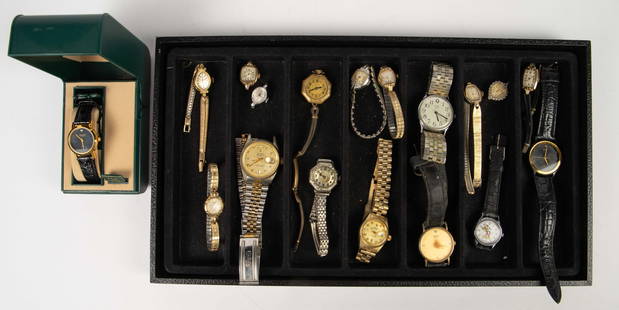 Lot of 18 Vintage Watches - Helbros, Elgin, Gruen.: The lot contains 15 wristwatches, 2 watch faces without bands, and 1 pendant watch. The branded pieces included are Helbros 9919IN with the original box, Voumard 17 jewels, Bulova 577809, Bulova 10K R