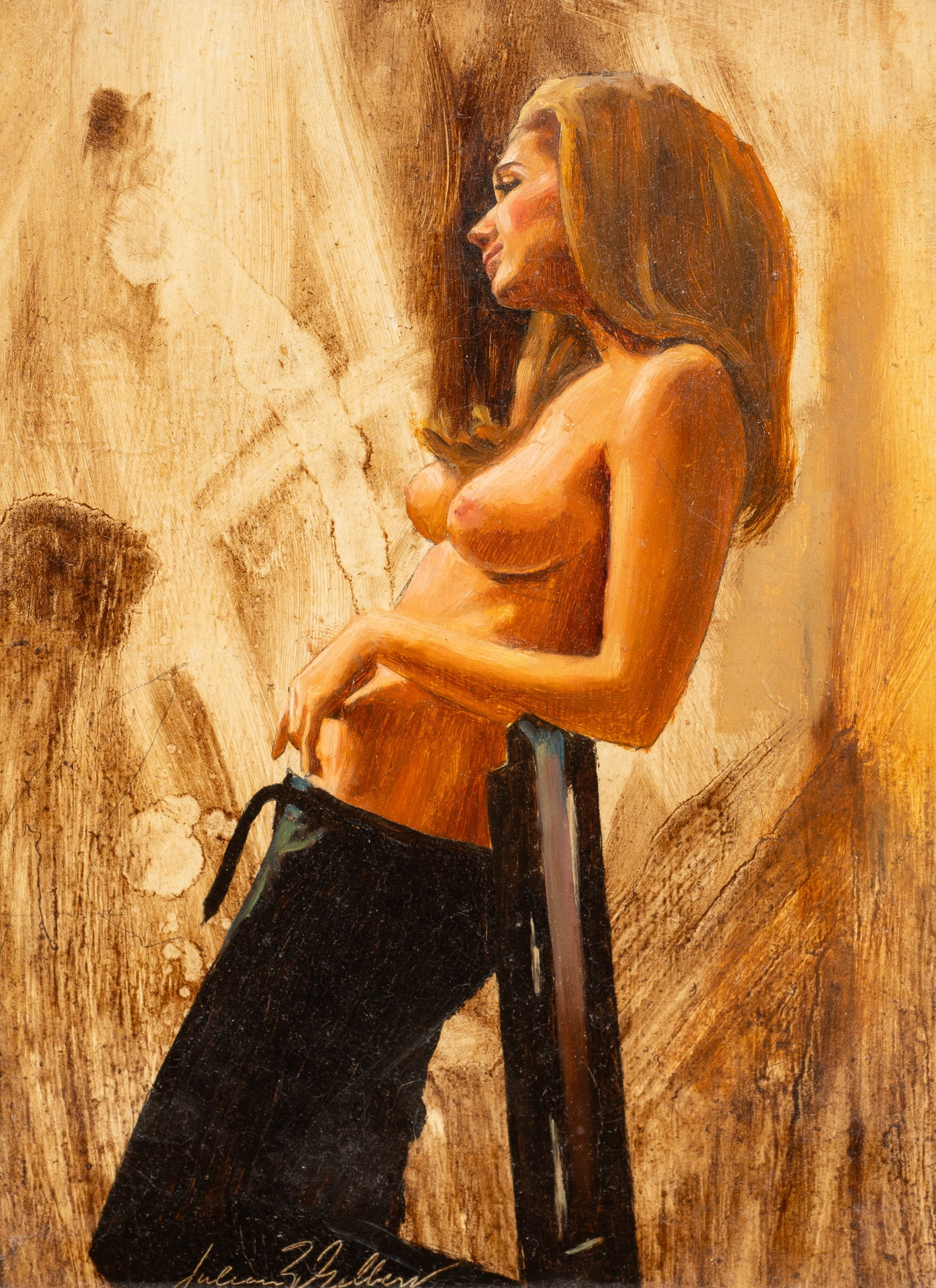 Semi-Nude Portrait of a Woman, Julian Gilbert.: Artist(s): Julian Gilbert (American, 20th Century). Medium: Oil on board. Signature(s): Lower middle. Paperwork: N/A Damage: General surface grime and craquelure. Measurement(s): 7 1/4" x 5 1/4" (sigh