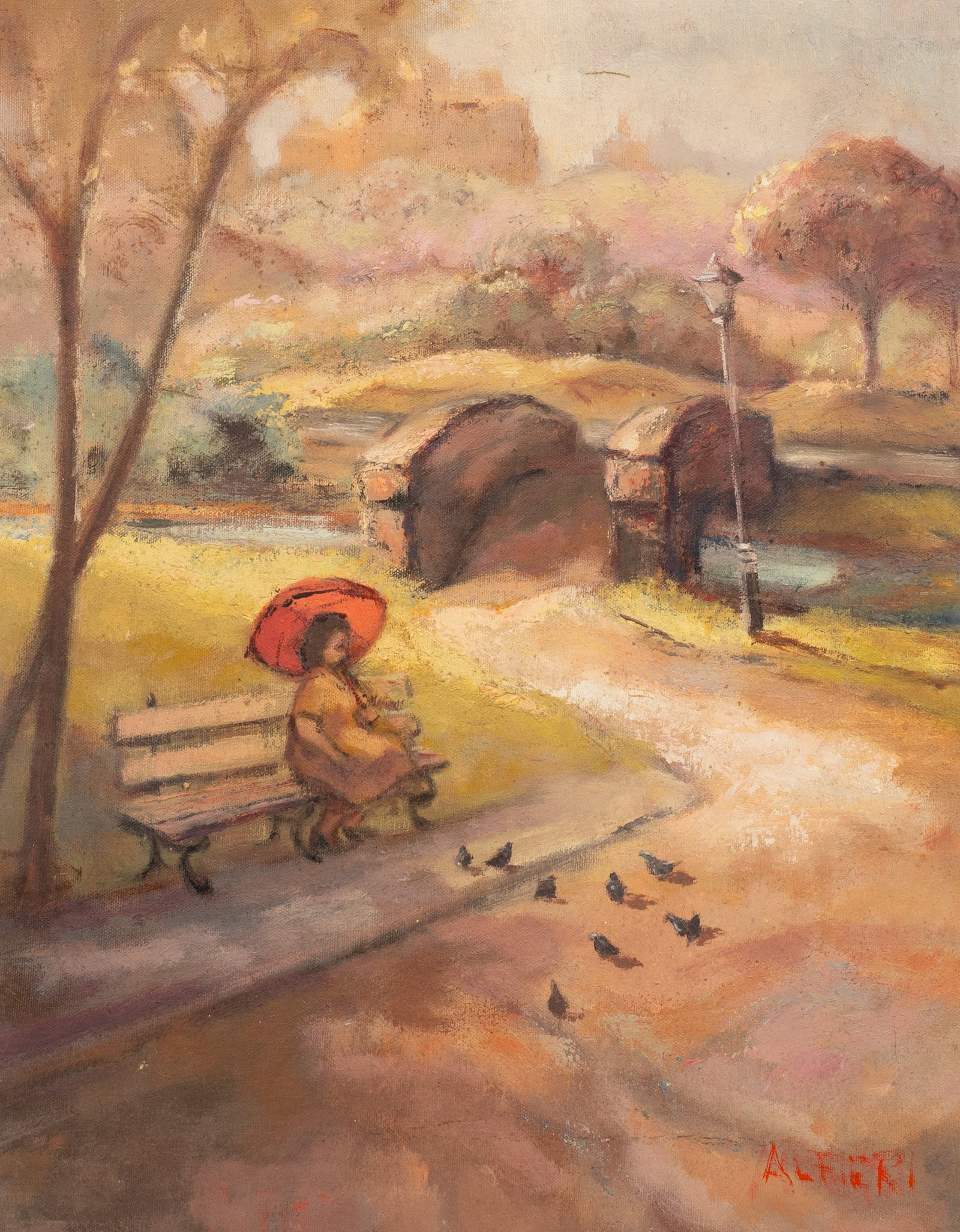 Impressionist Park Scene, Philippe Alfieri.: Artist(s): Philippe Alfieri (American, 1921-2009) Medium: Oil on canvas. Signature(s): "Alfieri", lower right. Paperwork: N/A Damage: The work bears signs of general surface grime. There are a few scu