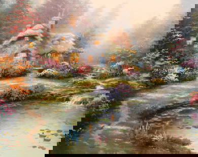 Everett's Cottage, Thomas Kinkade Lithograph.: Artist(s): Thomas Kinkade. Medium: Embellished lithograph on canvas. Signature(s): Signed and numbered (43/5950), lower left. Paperwork: Attached en verso is an authentication plaque. Damage: A few sc