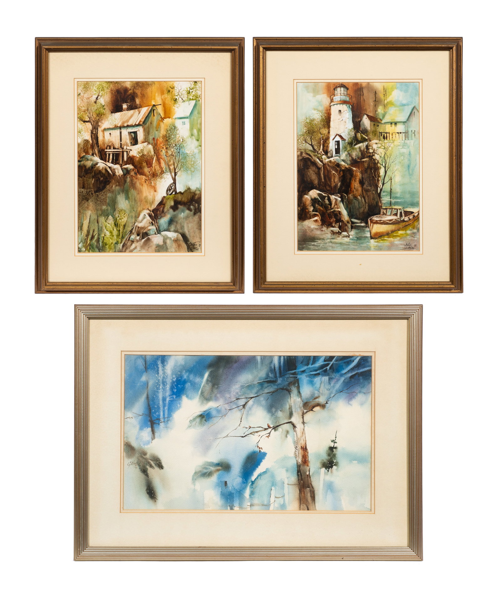 Lot of Three Watercolors by Gustave Wander.: Artist(s): Gustave Wander (American, 1934-2017). Medium: Watercolor paintings on paper. Signature(s): Each are signed and dated in their lower margins. Paperwork: Attached en verso are labels from the