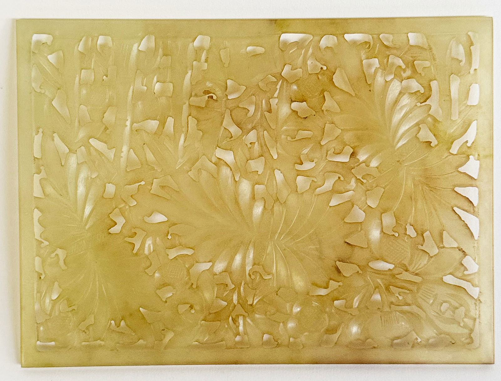 Vintage Chinese Jade Carved Floral Design Plaque.: The plaque is in good overall condition. It measures 5 3/16" x 6 3/4" x 1/8" thick. In-house shipping is available. Please see our website regarding in-house shipping procedures.