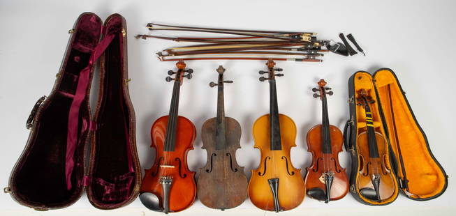 Lot of 5 Violins & 11 Violin Bows.: The lot includes 16 items. First, there are 5 violins. There is a 2006 piece by Joseph Lazar, model 99, in a alligator skin (faux ?) case, and a small E.R. Pfretzschner hand made copy of Antonius Stra