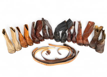 Lot of 8 Leather Cowboy Boots and 7 Leather Belts.: The lot includes a variety of brown toned cowboy boots, most of them with embroidered designs. The brands or marks observed on the boots are Rios of Mercedes, Justin Fort Worth, Dan Post, Tony Lama, a