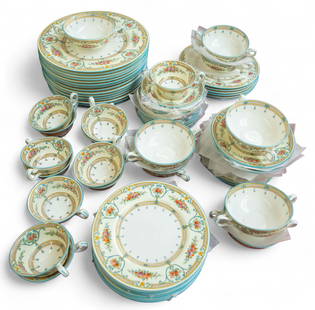 75 Pc. Wedgwood "Newlyn" Dinner Service.: This china set includes the following: 15 dinner plates, 6 salad plates, 8 dessert plates, 7 bread plates, 12 teacups (one has a small crack), 11 saucers, 8 cream soup bowls with handles, and 8 underp