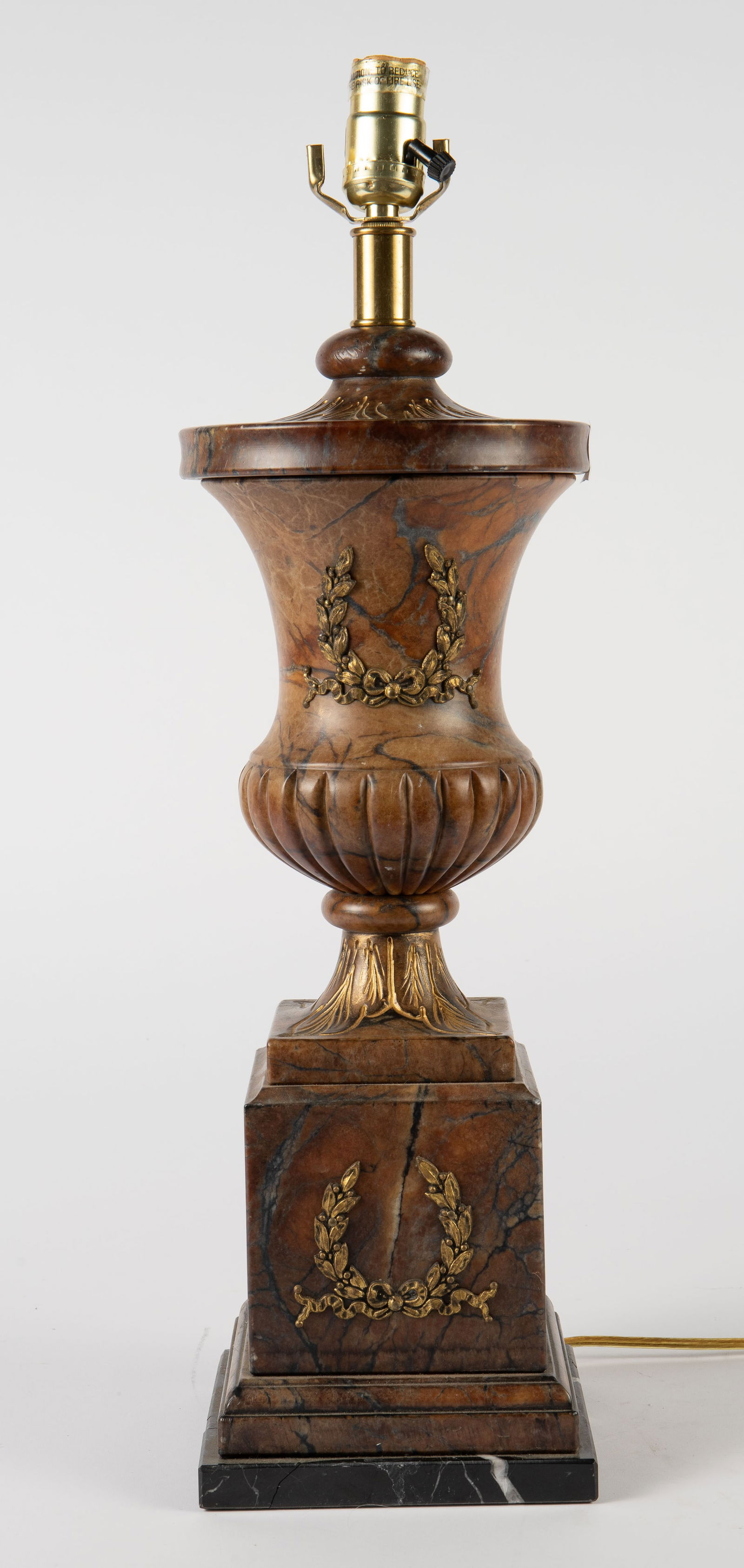 Frederick Cooper Urn Shaped Lamp on Marble Base.: The original Frederick Cooper sticker is still attached. There is no harp, and the socket and knob are a bit loose. There are also some small cracks and chips present. The marble like lamp measures 23