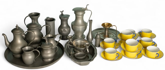 Lot: Limoges Porcelain Tea Cups & Pewter Tea Set.