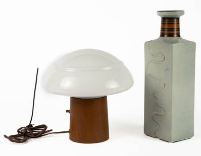 Lot: Laurel ? Mushroom Lamp & Lapid Israel Vase.: The lot includes 2 items. First, there is a mid century modern desk lamp with a teakwood base and a milk glass mushroom shade, possibly by Laurel. It measures 11" x 10" x 10". Next, there is an artist