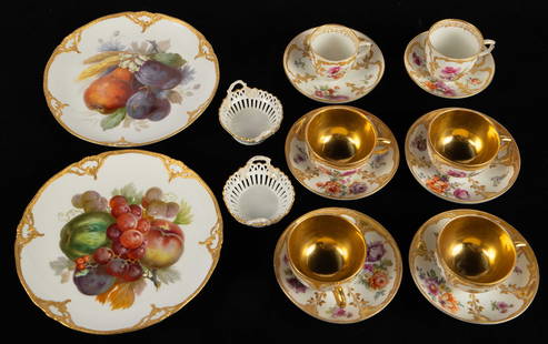 Lot of KPM Porcelain Teacups, Saucers, Plates, Etc: This lot contains 16 pieces of antique hand painted KPM porcelain from Berlin, Germany. The lot includes a set of 4 cups and saucers with floral bouquet designs and gilded interiors. Next, there is a