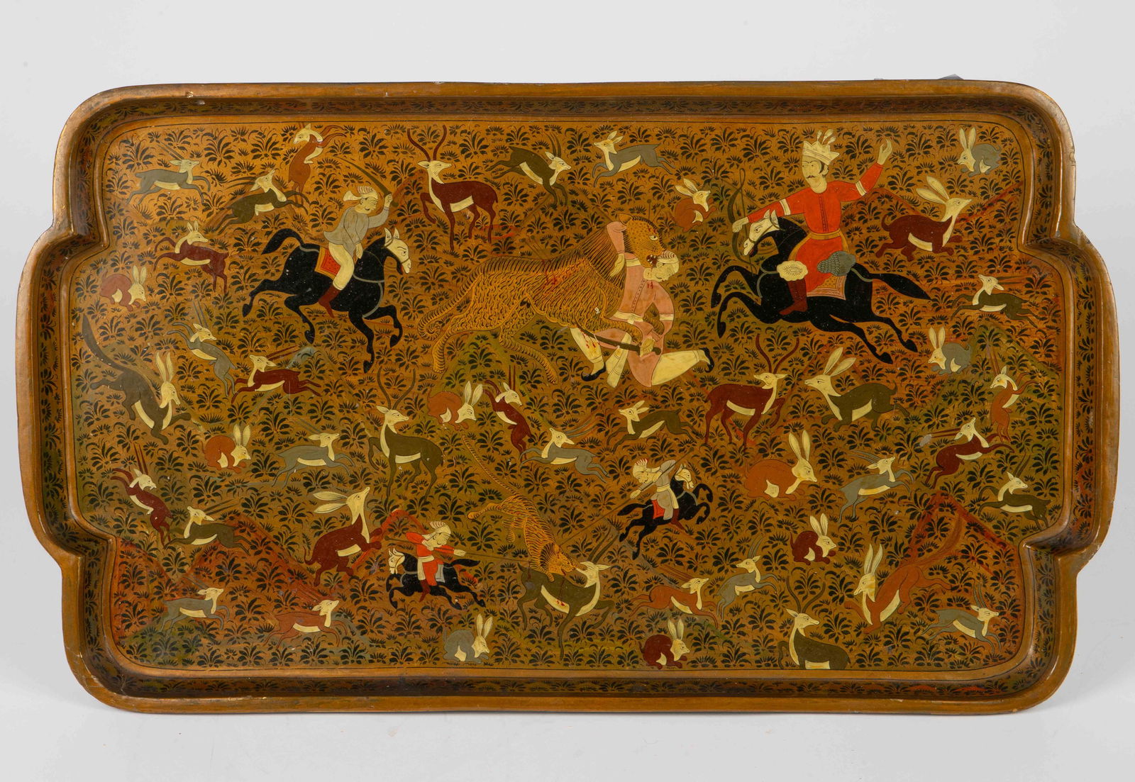 Indo Persian Lacquered Tray w/ Hunting Scene. (1 of 8)