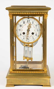 Antique Vincenti Brass & Crystal Mantel Clock.: The clock works, and a key is included. The clock has a porcelain enamel dial with hand painted flowers, Neoclassical columns, and bevelled crystal sides. It is stamped, "Medaille d'Argent Vincenti 18