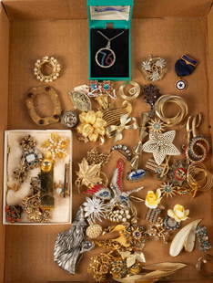 Over 60 Vintage Brooches - Grosse, Winard, B. Alan: The lot contains over 60 vintage brooches. They contain faux pearls, rhinestones, hand painted ceramic, enamel, coral, and more. The items depict patriotic icons, including an eagle, American flags, a