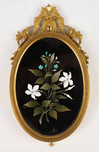 Pietra Dura Gilded Panel Portrait Frame.: The double portraits are of a man and woman, with the flower panel on the opposite side of the man's portrait. The gilded frame can open and close like a door, so that either the stone inlaid flowers