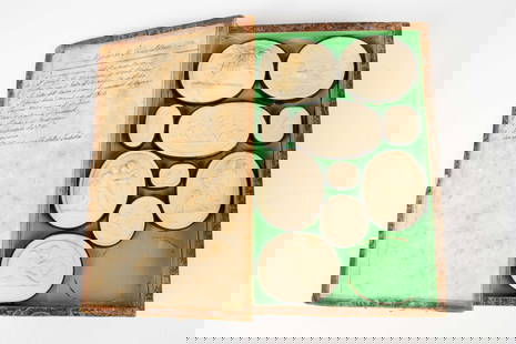 Antique Book w/ Italian Grand Tour Lava Plaques.: It is a leather bound book, with both front and back compartments that contain miniature lava relief plaques. There are some signs of age-related wear present. The book measures 9 7/8" x 6 3/8" x 1 3/