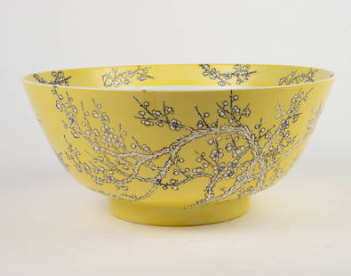 Mottahedeh Yellow & White Japanese Ware Bowl.: It is marked underneath. This Asian porcelain centerpiece bowl has a cherry blossom branch motif, and looks to be in very good condition. It measures 14" across the rim, and 6 1/4" tall. In-house ship