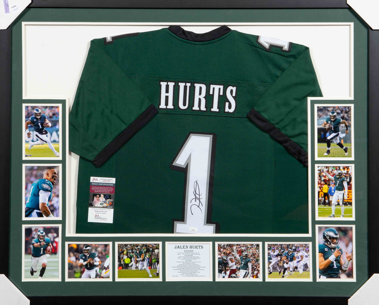 Jalen Hurts Autographed Football Jersey, Framed.: This framed display has an autographed Jalen Hurts football jersey, several photos of the player on the NFL field, and a certification from JSA. Since the signing of this jersey, Jalen Hurts has becom
