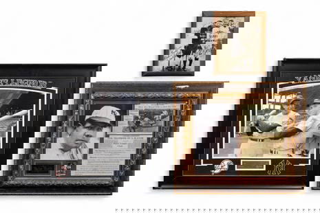 Lot: New York Yankees Pictures, inc. Babe Ruth.: The lot includes a small reproduction picture of Babe Ruth and Lou Gehrig, a larger framed picture of Joe Di Maggio and Mickey Mantle, and a framed display of Babe Ruth articles and pictures. Please k