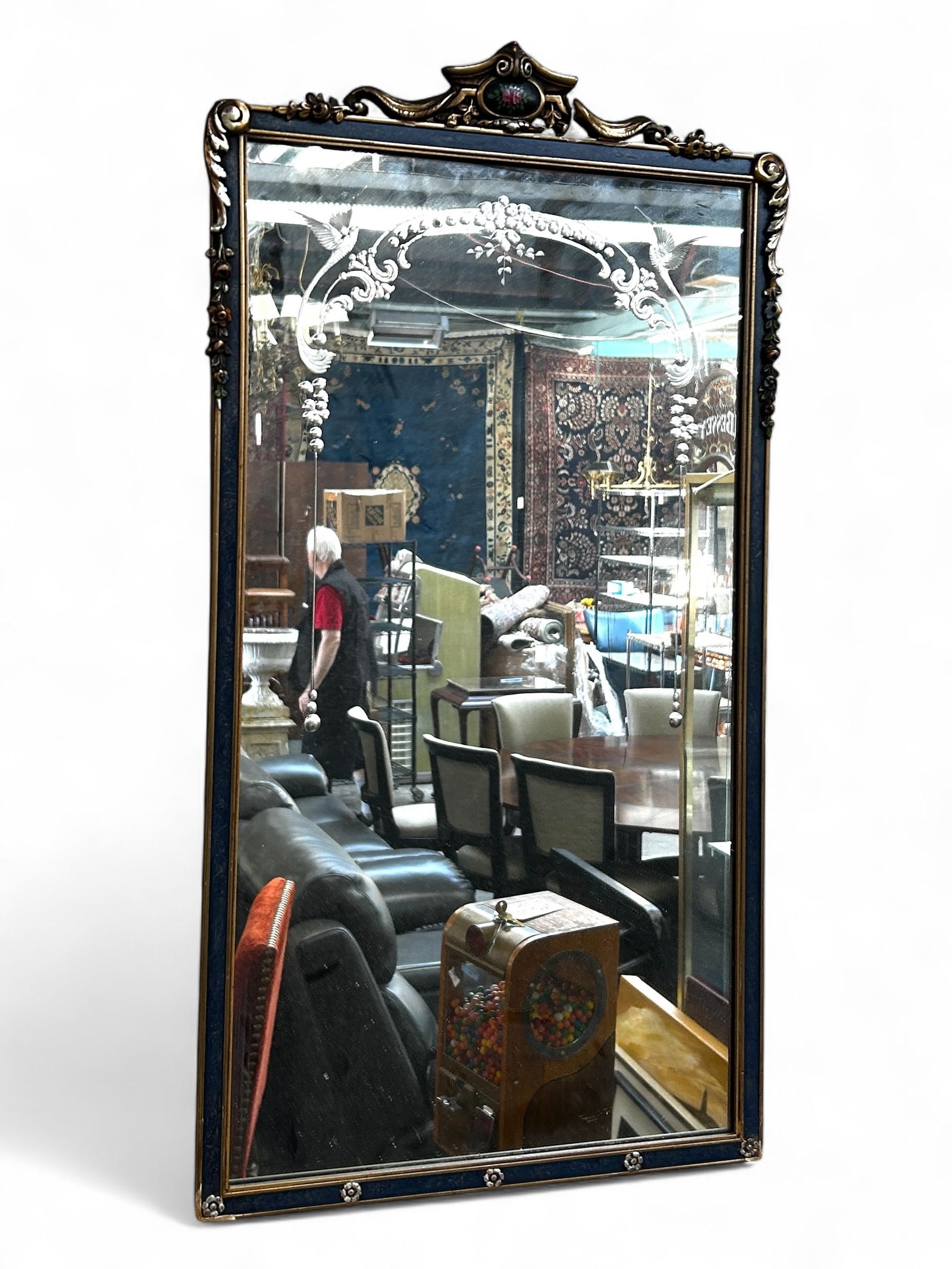 Carved and Etched Wall Mirror w/ Blue Border. (1 of 13)