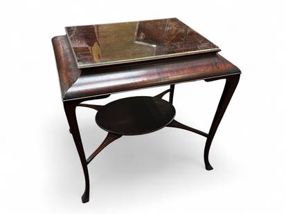 Antique Mahogany Lamp or Card Table.: This lamp or card table has a protective glass top and a lower shelf attached to the stretcher. There are some scratches, but overall, it looks to be in good condition. It measures 32" x 30" x 26". Th