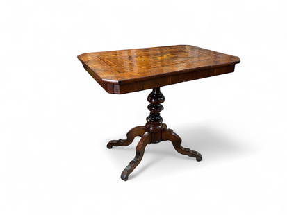 Antique Marquetry Flip Top Table.: This fine antique satin and exotic wood table has marquetry and inlaid pictorial scenery of a chariot and horses, and carved legs. It measures 29 1/2" x 35 1/2" x 23 1/2". There are some minor scratch
