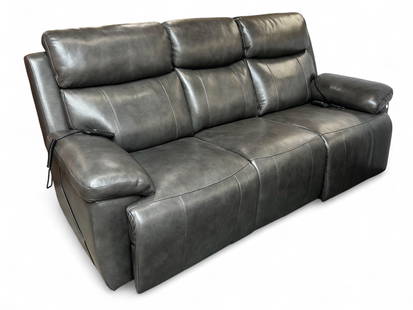 Leather Sofa / Power Recliner - Working.: This three-seat gray power recliner comes with two controllers, and has several different functions. It has minor wear, but no noticeable damage. It measures 90" wide, 40" deep, and 42" tall. Third-pa