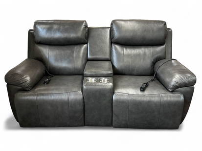 Leather Loveseat / Power Recliner - Working.: This gray two-seat leather loveseat has two controllers and a central console with a drink holder. The seats recline and feature a massager. The piece is in good condition, with no noticeable damage.