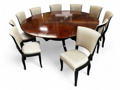 Chandler Telescoping Table w/ Ten Chairs.: This unsigned Thomas O' Brien for Century Furniture mahogany table has six leaves that attach around the table, with pull out supports and a locking mechanism on each leaf. The table has a large base