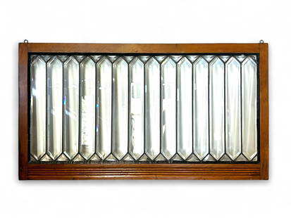 Framed Leaded Glass Window w/ Bevelled Panels.: This window has elongated heaxagonal panels, and looks to be in overall good condition. The wood frame has some minor signs of wear. The window's sight dimensions are 21 1/2" x 45 1/2". The frame dime