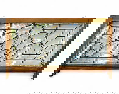 Antique Bevelled Glass Window w/ Wood Frame.: This leaded glass window has bevelled edges and a thick wood frame. Overall, it looks to be in good condition, with some cracks on the glazing. The frame measures 25 5/8" x 44" x 2". Third-party shipp