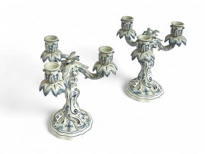 Meissen Blue Onion Porcelain Candelabra Pair.: They both have the blue crossed swords mark. They look to be in very nice condition. Each one measures 8 1/2" x 8 1/2" x 9 1/4". In-house shipping is available. Please see our website regarding our in