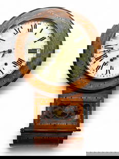 Antique Wall Clock w/ Multicolor Inlay.: The clock features a cast brass pendulum, multicolor geometric inlay borders, pierced in front of the pendulum area, and a turned wood scroll detail at the bottom. The clock has a label on the inside